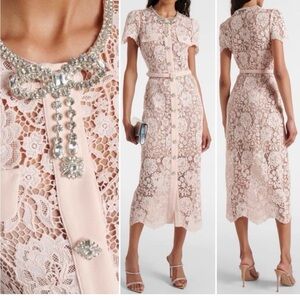Self-Portrait Pale Blush Lace Midi Dress with Jewel Trim